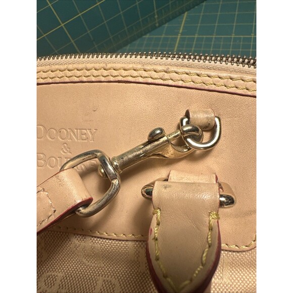 Dooney & Bourke  Medium Domed Tassel Fabric Satchel Handbag Tan Red Logo Print - Picture 13 of 14